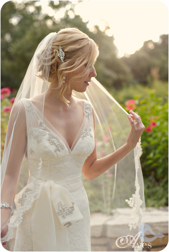 Fort Worth Botanical Gardens Bridal Portraits Robert Carr Chapel Soft Romantic Bridals Lace Dress Fitted Deep V Button Back Fingertip Veil Delicate Gorgeous 5752 True Joy.